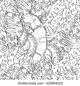 Tracery seamless pattern. Mehndi design. Ethnic monochrome binary doodle texture. Curved doodling black and white background. Vector
