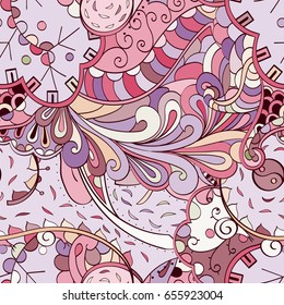 Tracery seamless pattern. Mehndi design. Ethnic colorful doodle texture. Curved doodling background. Vector