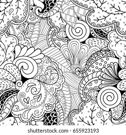 Tracery seamless pattern. Mehndi design. Ethnic monochrome binary doodle texture. Curved doodling black and white background. Vector