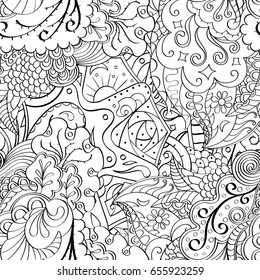 Tracery seamless pattern. Mehndi design. Ethnic monochrome binary doodle texture. Curved doodling black and white background. Vector