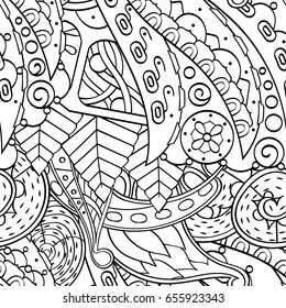 Tracery seamless pattern. Mehndi design. Ethnic monochrome binary doodle texture. Curved doodling black and white background. Vector