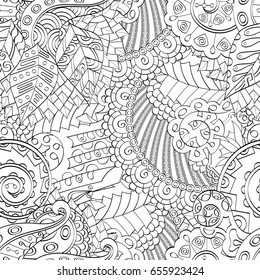 Tracery seamless pattern. Mehndi design. Ethnic monochrome binary doodle texture. Curved doodling black and white background. Vector