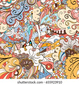 Tracery seamless pattern. Mehndi design. Ethnic colorful doodle texture. Curved doodling background. Vector