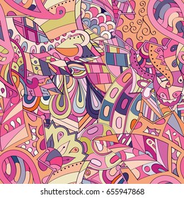 Tracery seamless pattern. Mehndi design. Ethnic colorful doodle texture. Curved doodling background. Vector
