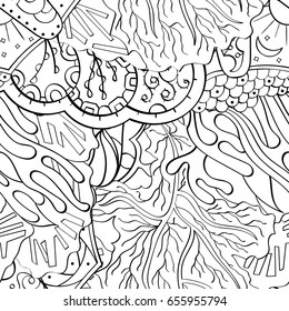 Tracery seamless pattern. Mehndi design. Ethnic monochrome binary doodle texture. Curved doodling black and white background. Vector