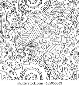 Tracery seamless pattern. Mehndi design. Ethnic monochrome binary doodle texture. Curved doodling black and white background. Vector
