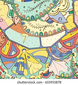 Tracery seamless pattern. Mehndi design. Ethnic colorful doodle texture. Curved doodling background. Vector