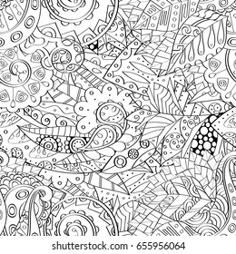 Tracery seamless pattern. Mehndi design. Ethnic monochrome binary doodle texture. Curved doodling black and white background. Vector