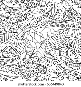 Tracery seamless pattern. Mehndi design. Ethnic monochrome binary doodle texture. Curved doodling black and white background. Vector