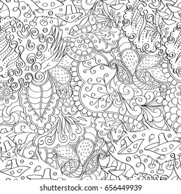 Tracery seamless pattern. Mehndi design. Ethnic monochrome binary doodle texture. Curved doodling black and white background. Vector