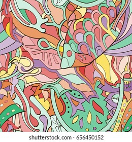 Tracery seamless pattern. Mehndi design. Ethnic colorful doodle texture. Curved doodling background. Vector