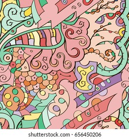 Tracery seamless pattern. Mehndi design. Ethnic colorful doodle texture. Curved doodling background. Vector