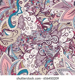 Tracery seamless pattern. Mehndi design. Ethnic colorful doodle texture. Curved doodling background. Vector