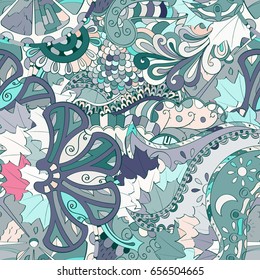 Tracery seamless pattern. Mehndi design. Ethnic colorful doodle texture. Curved doodling background. Vector