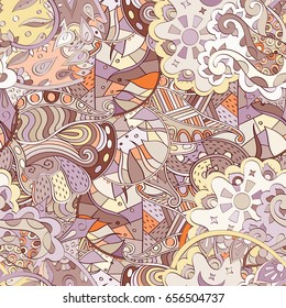 Tracery seamless pattern. Mehndi design. Ethnic colorful doodle texture. Curved doodling background. Vector
