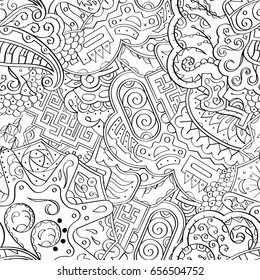 Tracery seamless pattern. Mehndi design. Ethnic monochrome binary doodle texture. Curved doodling black and white background. Vector
