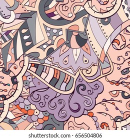 Tracery seamless pattern. Mehndi design. Ethnic colorful doodle texture. Curved doodling background. Vector