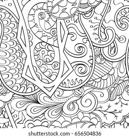 Tracery seamless pattern. Mehndi design. Ethnic monochrome binary doodle texture. Curved doodling black and white background. Vector