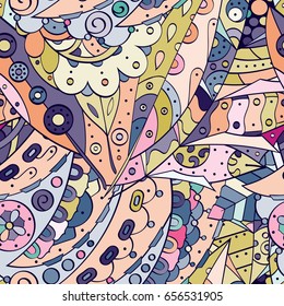 Tracery seamless pattern. Mehndi design. Ethnic colorful doodle texture. Curved doodling background. Vector