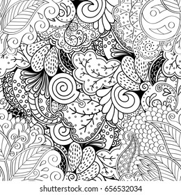 Tracery seamless pattern. Mehndi design. Ethnic monochrome binary doodle texture. Curved doodling black and white background. Vector