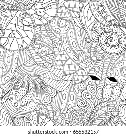 Tracery seamless pattern. Mehndi design. Ethnic monochrome binary doodle texture. Curved doodling black and white background. Vector