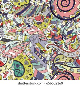 Tracery seamless pattern. Mehndi design. Ethnic colorful doodle texture. Curved doodling background. Vector
