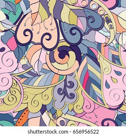 Tracery seamless pattern. Mehndi design. Ethnic colorful doodle texture. Curved doodling background. Vector