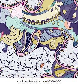 Tracery seamless pattern. Mehndi design. Ethnic colorful doodle texture. Curved doodling background. Vector