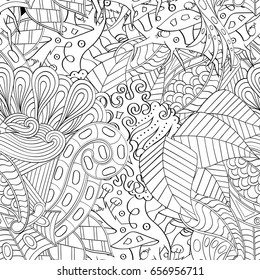 Tracery seamless pattern. Mehndi design. Ethnic monochrome binary doodle texture. Curved doodling black and white background. Vector