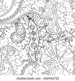 Tracery seamless pattern. Mehndi design. Ethnic monochrome binary doodle texture. Curved doodling black and white background. Vector