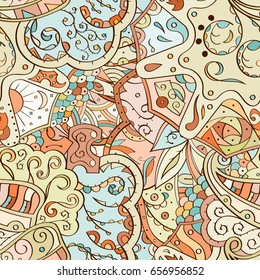 Tracery seamless pattern. Mehndi design. Ethnic colorful doodle texture. Curved doodling background. Vector