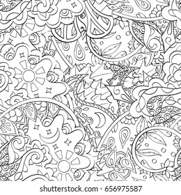 Tracery seamless pattern. Mehndi design. Ethnic monochrome binary doodle texture. Curved doodling black and white background. Vector