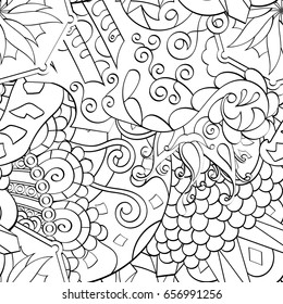 Tracery seamless pattern. Mehndi design. Ethnic monochrome binary doodle texture. Curved doodling black and white background. Vector