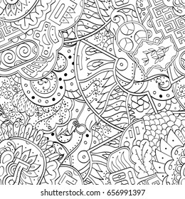 Tracery seamless pattern. Mehndi design. Ethnic monochrome binary doodle texture. Curved doodling black and white background. Vector