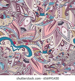 Tracery seamless pattern. Mehndi design. Ethnic colorful doodle texture. Curved doodling background. Vector
