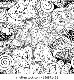 Tracery seamless pattern. Mehndi design. Ethnic monochrome binary doodle texture. Curved doodling black and white background. Vector