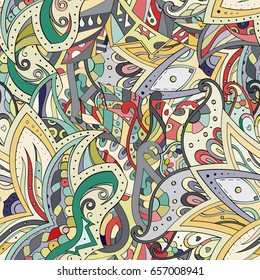 Tracery seamless pattern. Mehndi design. Ethnic colorful doodle texture. Curved doodling background. Vector