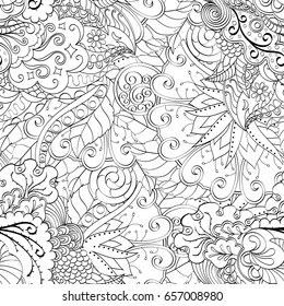 Tracery seamless pattern. Mehndi design. Ethnic monochrome binary doodle texture. Curved doodling black and white background. Vector