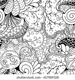 Tracery seamless pattern. Mehndi design. Ethnic monochrome binary doodle texture. Curved doodling black and white background. Vector