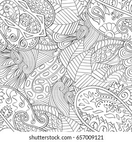 Tracery seamless pattern. Mehndi design. Ethnic monochrome binary doodle texture. Curved doodling black and white background. Vector