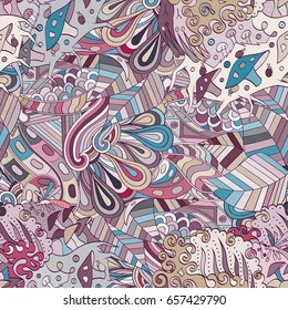 Tracery seamless pattern. Mehndi design. Ethnic colorful doodle texture. Curved doodling background. Vector