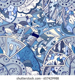 Tracery seamless pattern. Mehndi design. Ethnic colorful doodle texture. Curved doodling background. Vector