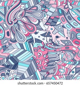 Tracery seamless pattern. Mehndi design. Ethnic colorful doodle texture. Curved doodling background. Vector
