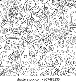 Tracery seamless pattern. Mehndi design. Ethnic monochrome binary doodle texture. Curved doodling black and white background. Vector