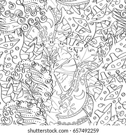 Tracery seamless pattern. Mehndi design. Ethnic monochrome binary doodle texture. Curved doodling black and white background. Vector