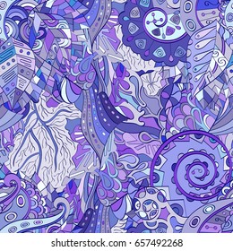 Tracery seamless pattern. Mehndi design. Ethnic colorful doodle texture. Curved doodling background. Vector