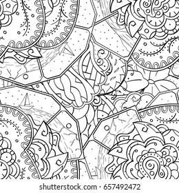 Tracery seamless pattern. Mehndi design. Ethnic monochrome binary doodle texture. Curved doodling black and white background. Vector