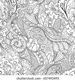 Tracery seamless pattern. Mehndi design. Ethnic monochrome binary doodle texture. Curved doodling black and white background. Vector