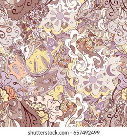 Tracery seamless pattern. Mehndi design. Ethnic colorful doodle texture. Curved doodling background. Vector