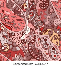 Tracery seamless pattern. Mehndi design. Ethnic colorful doodle texture. Curved doodling background. Vector